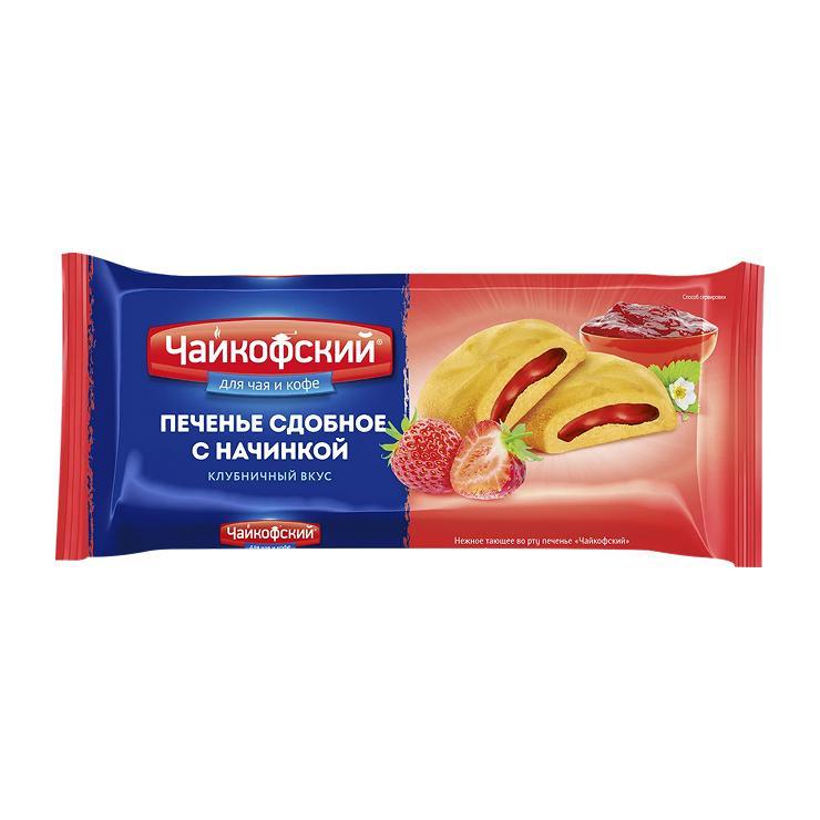 Печенье Чайкофский сдобное с начинкой с клубничным вкусом 132 гр., флоу-пак