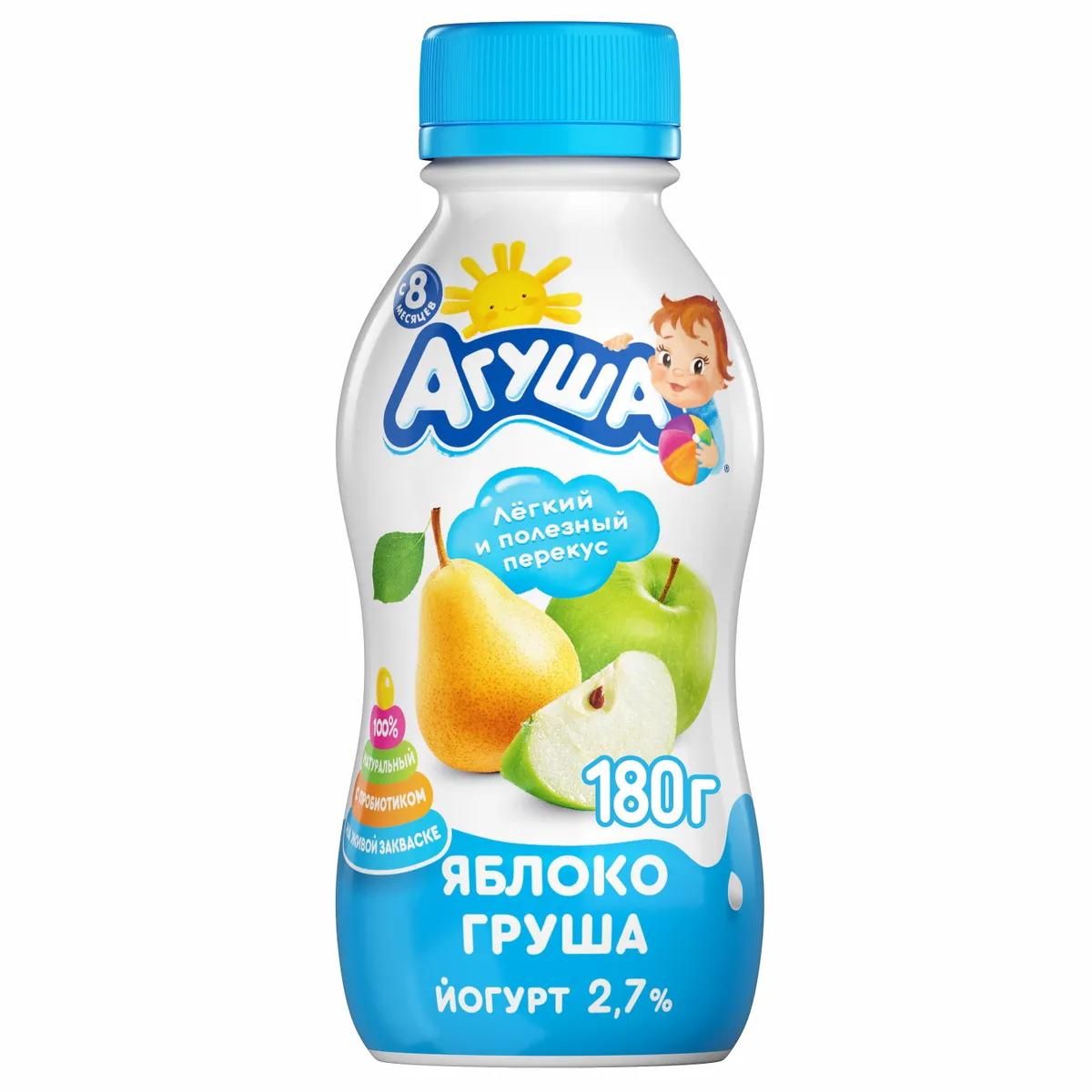Йогурт Агуша, питьевой Яблоко-Груша, с 8 месяцев, 2,7%, 180 гр., ПЭТ
