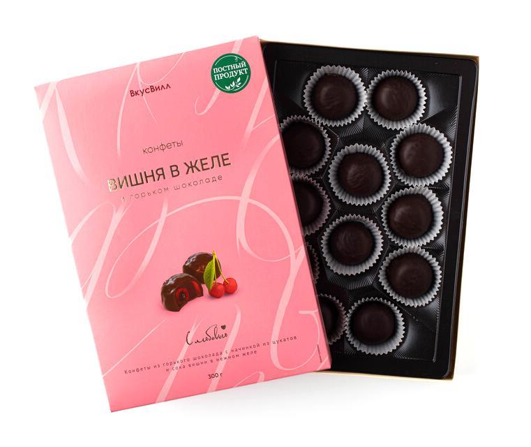Конфеты ВкусВилл Вишня в желе и горьком шоколаде 300 гр., картон