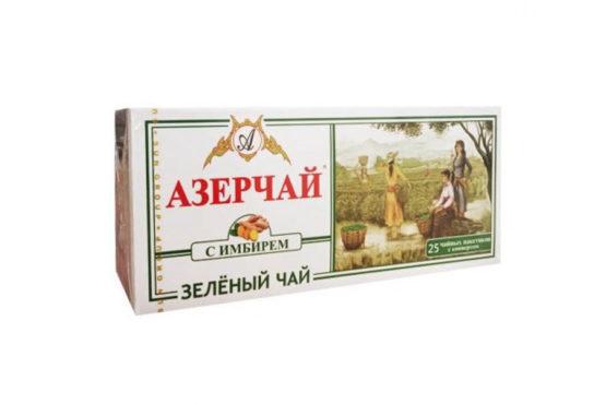 Чай Азерчай зеленый байховый высший сорт с имбирем 25 пакетиков 45 гр., картон