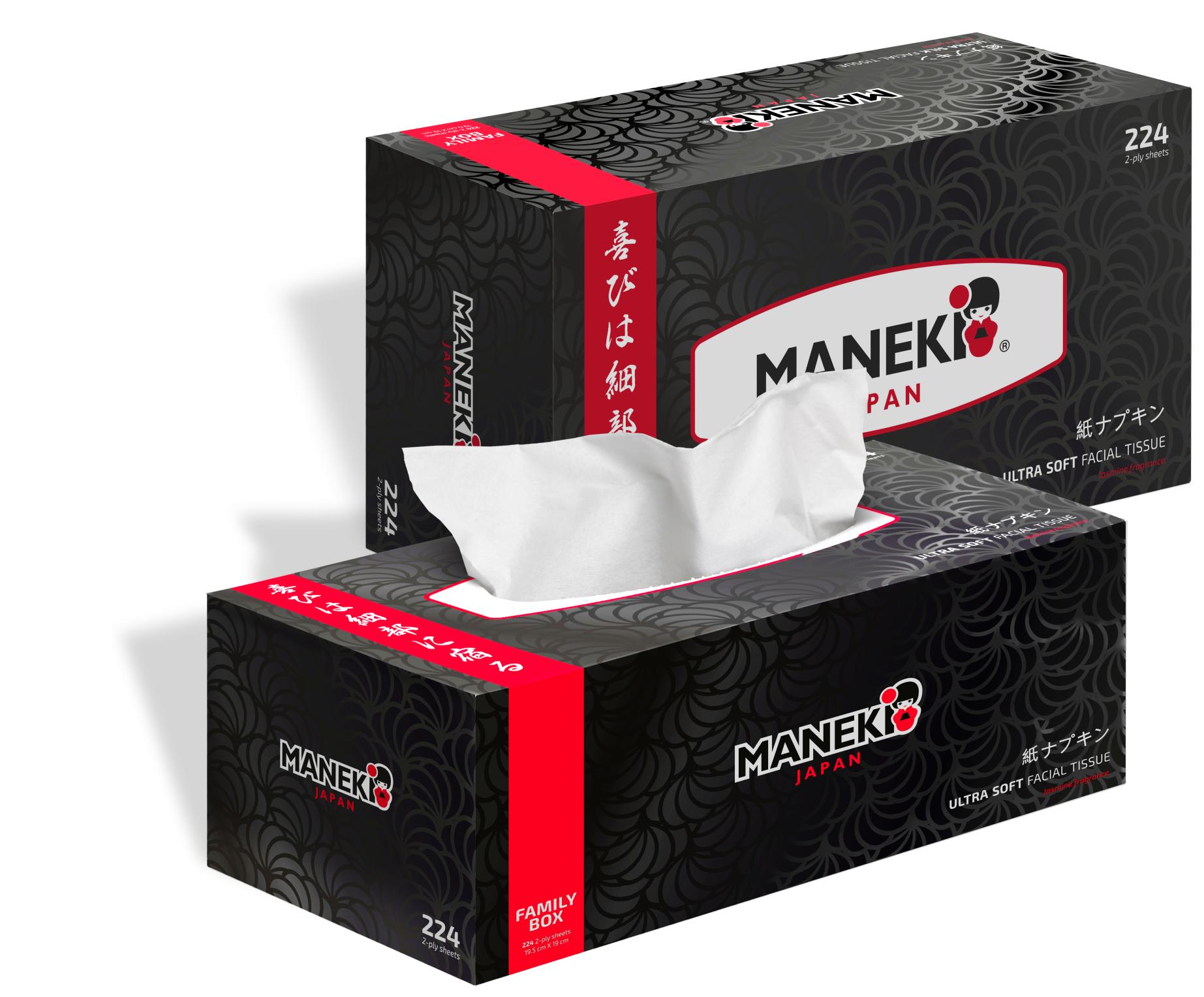 Салфетки бумажные с ароматом жасмина, 2 слоя, белые, 224 шт., Maneki Black&White Black, картонная коробка