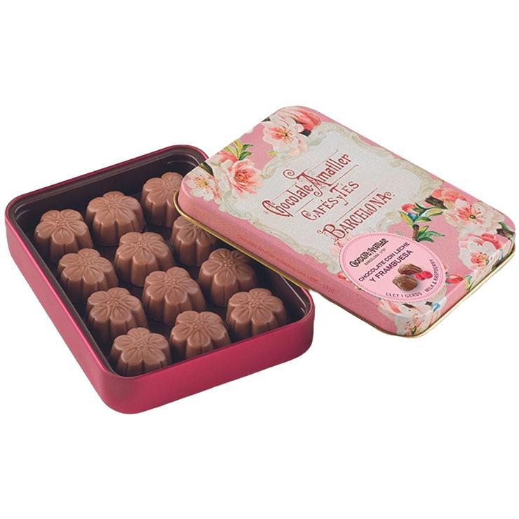 Конфеты Amatller flors frambuesa шоколадные малиновой начинкой 72 гр., ж/б
