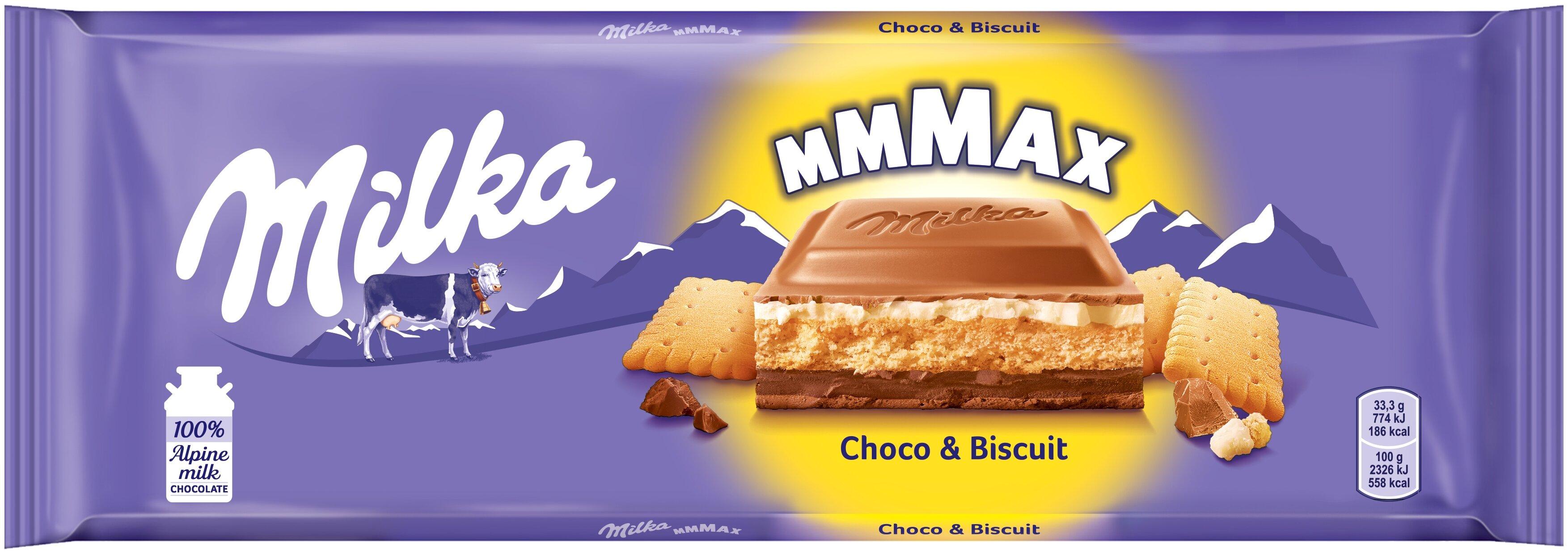 Шоколад Milka Choko & Biscuit молочный с молочно-шоколадной начинкой и печеньем 300 гр., флоу-пак