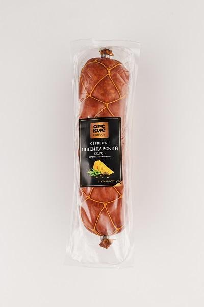 Сервелат Орский Мясокомбинат Швейцарский с сыром п/к з/с 700 гр., оболочка