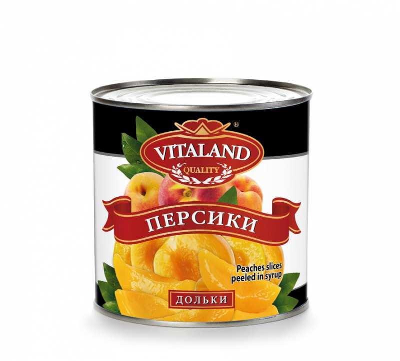 Персики консервированные дольки, Vitaland, 3,1 л., жестяная банка