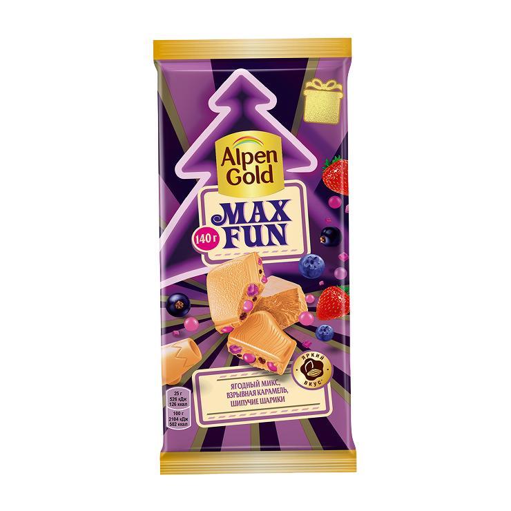 Шоколад Alpen Gold Max Fun молочный ягодный микс взрывная карамель мармелад шипучие шарики 140 гр., флоу-пак