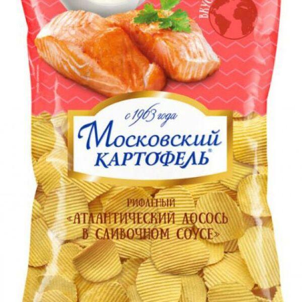 Чипсы Московский Картофель хрустящие рифленые со вкусом атлантического лосося в сливочном соусе 120 гр., флоу-пак