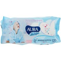 Влажные салфетки для детей AURA ULTRA COMFORT с экстрактом алоэ и витамином Е с крышкой 120 шт., пакет