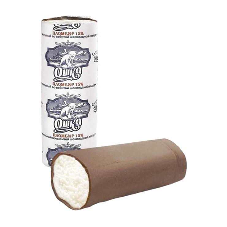 Мороженое пломбир Ошка ванильный во взбитой шоколадной глазури трубочка 15% 80 гр., обертка