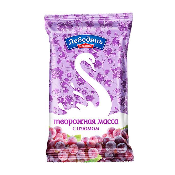 Масса творожная ЛебедяньМолоко обезжиренный с изюмом 180 гр., флоу-пак