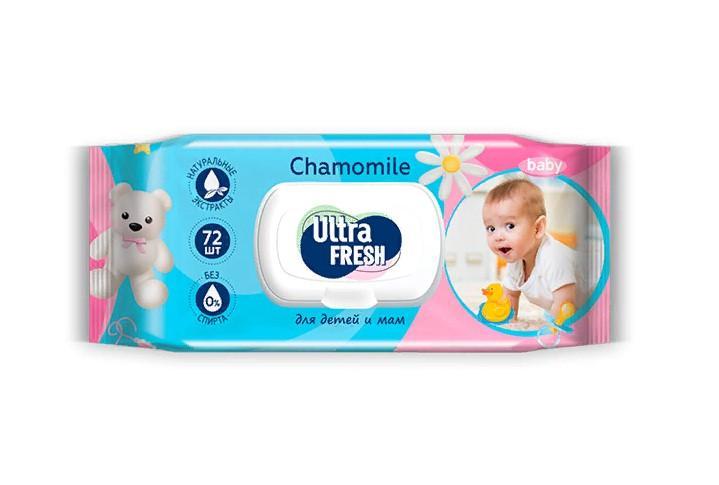 Влажные салфетки Ultra Fresh baby для детей и мам с клапаном 72 шт., флоу-пак