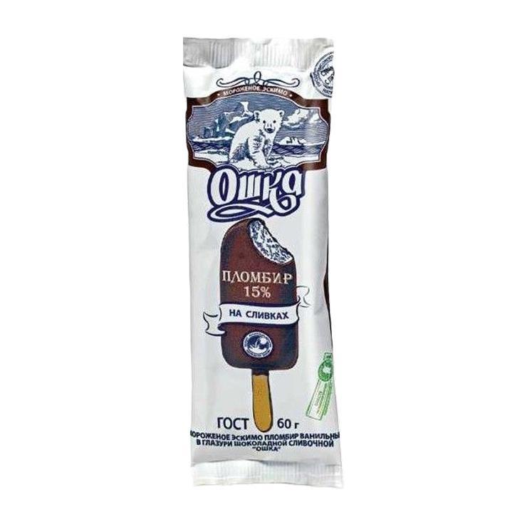 Мороженое пломбир Ошка ванильный в шоколадной глазури эскимо 15% 60 гр., флоу-пак