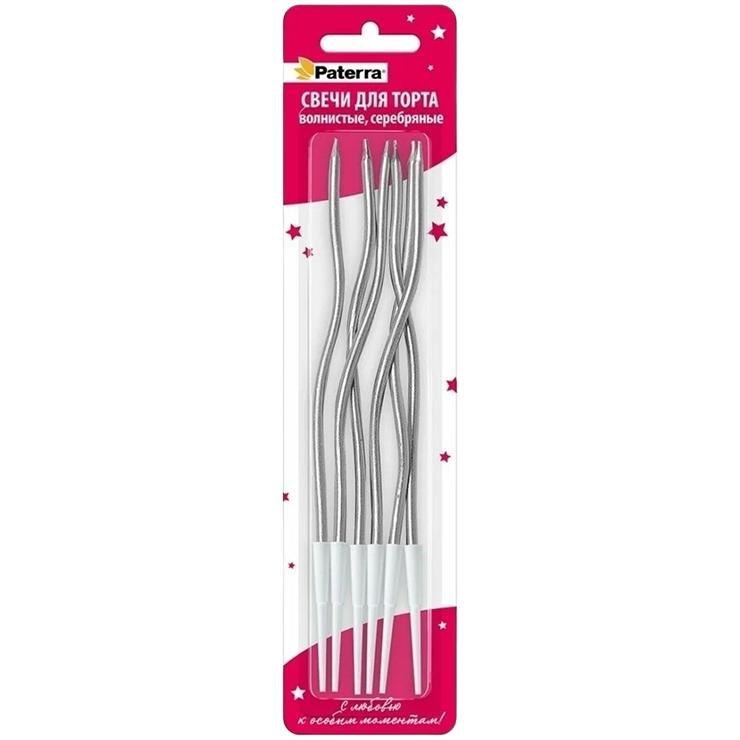 Свечи для торта Paterra волнистые серебряный цвет 6 шт., блистер