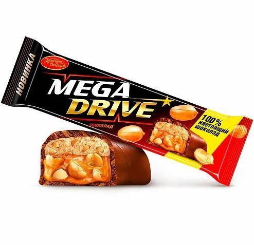 Батончик Красный Октябрь Mega Drive молочный шоколад с начинкой арахис-нуга-мягкая карамель 47 гр., флоу-пак