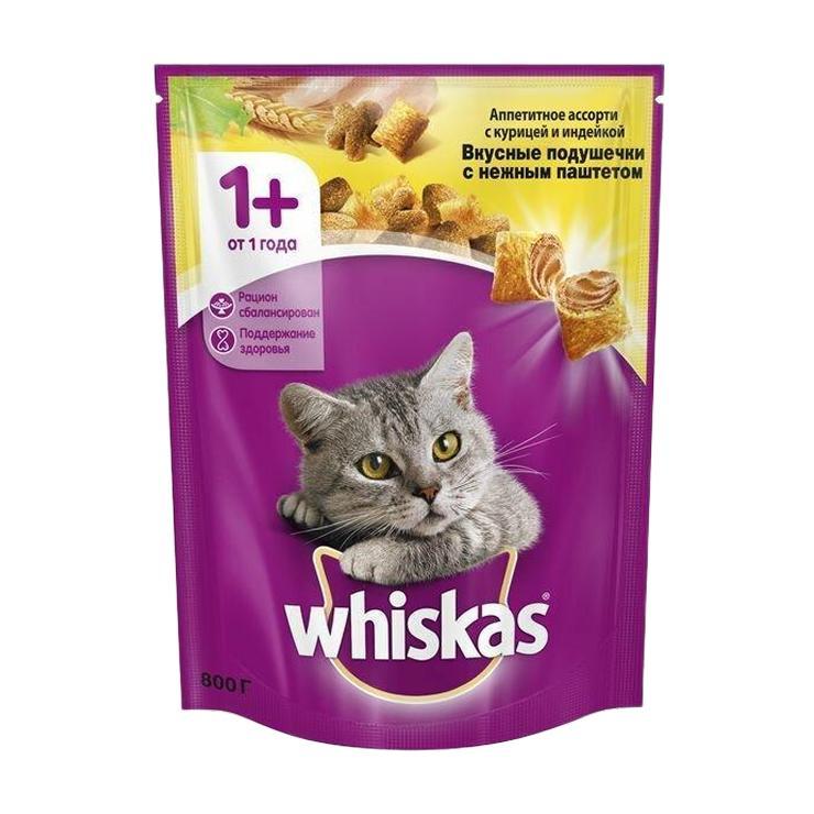 Корм сухой для кошек Whiskas вкусные подушечкис нежным паштетом ассорти с курицей уткой и индейкой  800 гр., дой-пак
