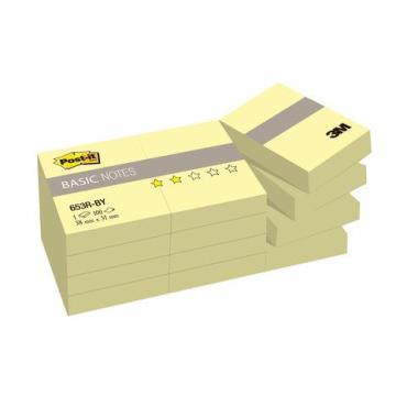 Блоки самоклеящиеся, стикеры, комплект 12 шт., 38х51 мм., по 100 л., желтые Post-it Basic, полиэтиленовая пленка