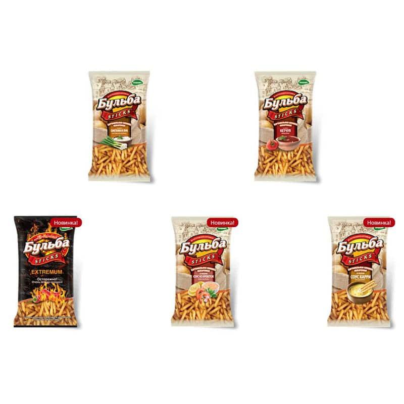 Соломка из цельного картофеля Бульба STICKS обжаренная в ассортименте 75 гр., флоу-пак