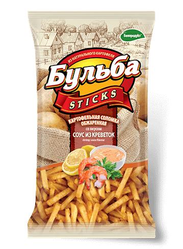 Соломка из цельного картофеля Бульба Sticks со вкусом соуса из креветок обжаренная 75 гр., флоу-пак