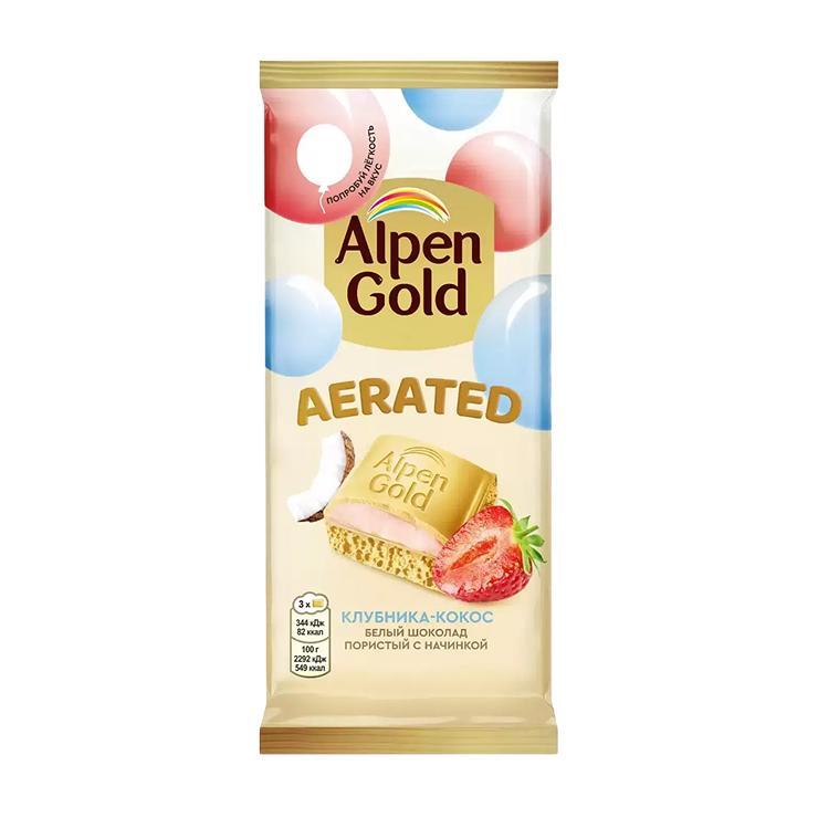 Шоколад Alpen Gold Aerated клубнично-кокосовая начинка пористый белый 75 гр., флоу-пак