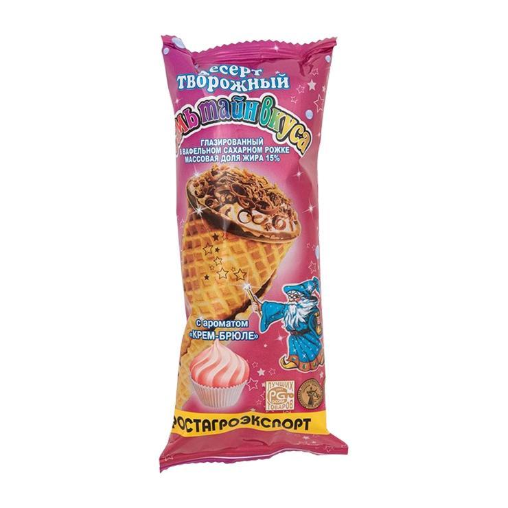 Десерт Ростагроэкспорт творожный глазированный крем-брюле в вафельном рожке Тайн вкуса 15% 60 гр., флоу-пак