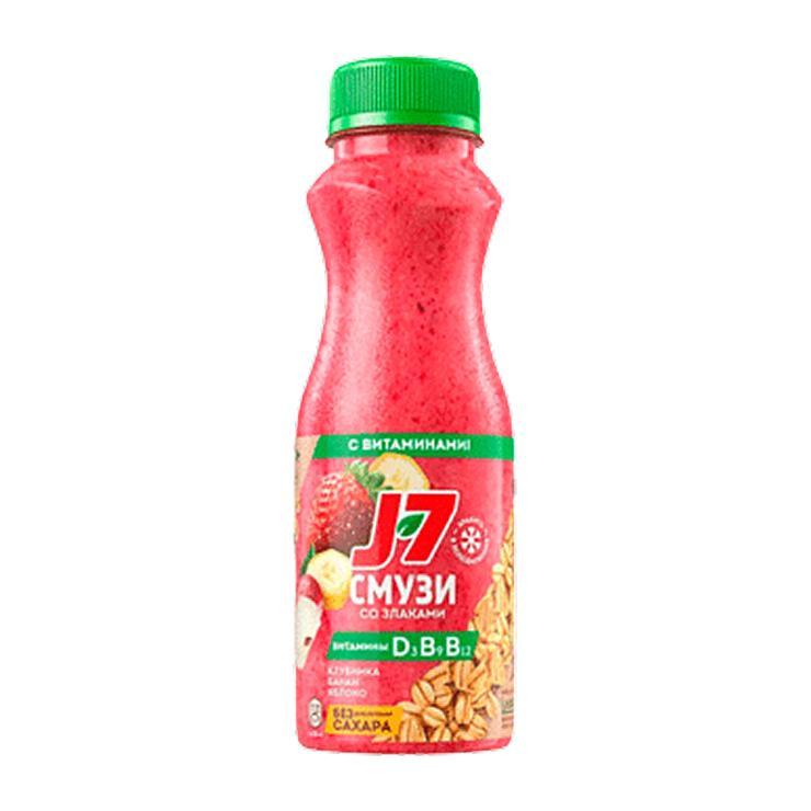 Напиток сокосодержащий J7 Смузи со злаками и витаминами клубника банан яблоко черная рябина 300 мл., ПЭТ