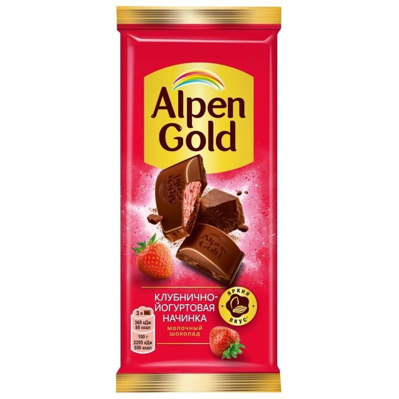 Шоколад Alpen Gold молочный с клубнично-йогуртовой начинкой 80 гр., флоу-пак