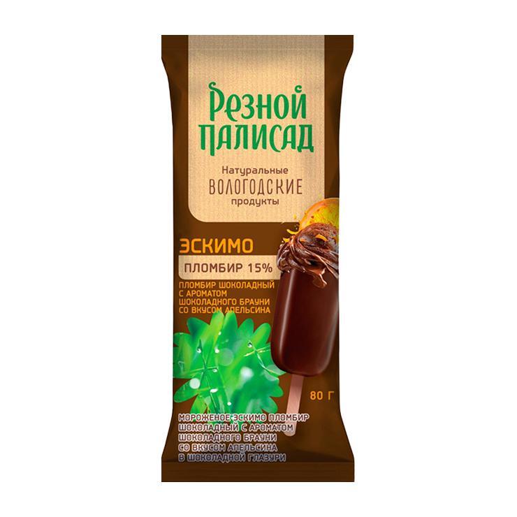 Мороженое эскимо Резной Полисад  шоколадный 15% с ароматом шок. брауни со вкусом апельсина в шок. глазури 80 гр., флоу-пак