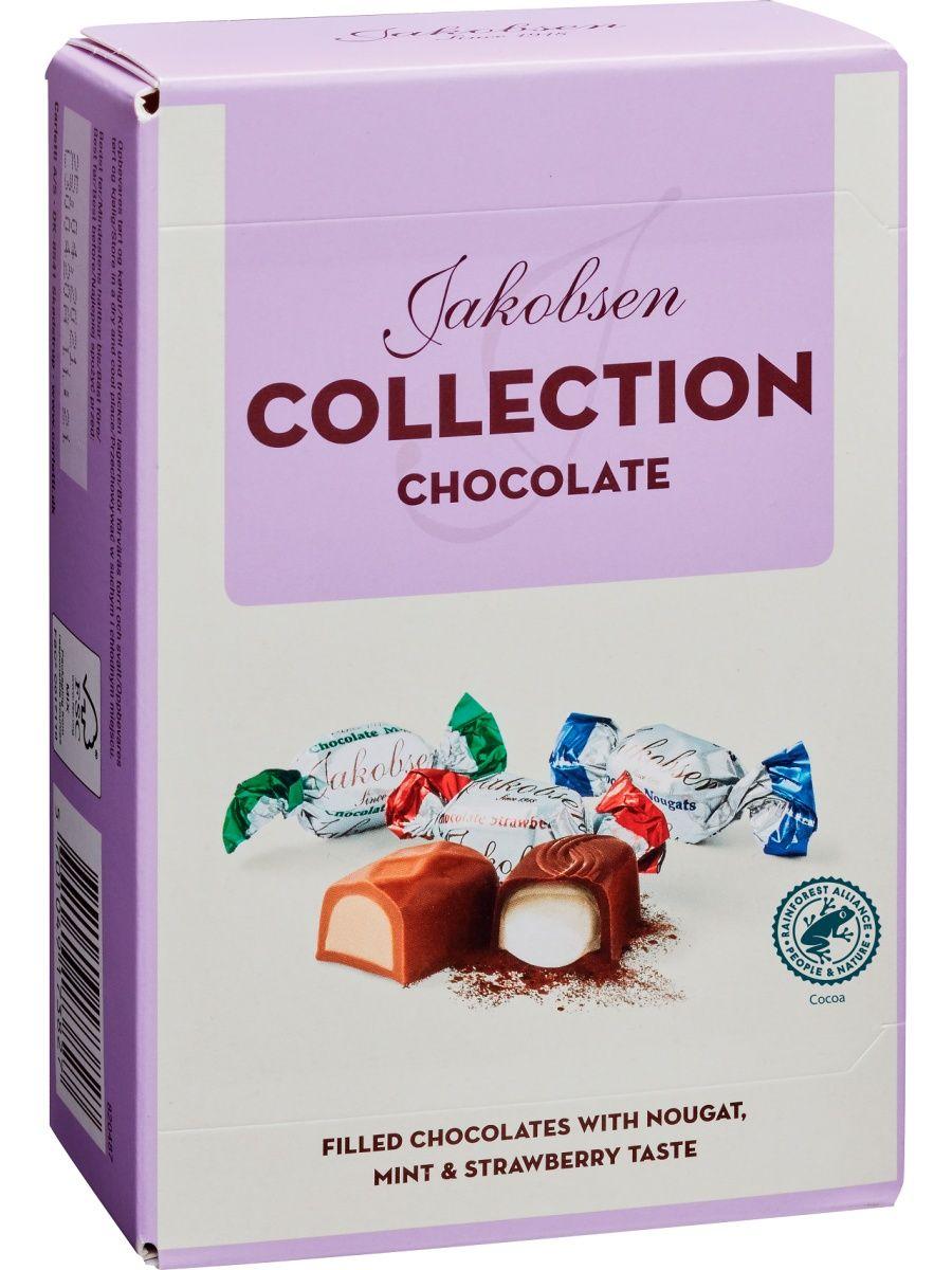 Конфеты Jakobsen Коллекция шоколадные ассорти со вкусами нуги мяты и клубники 125 гр., картон