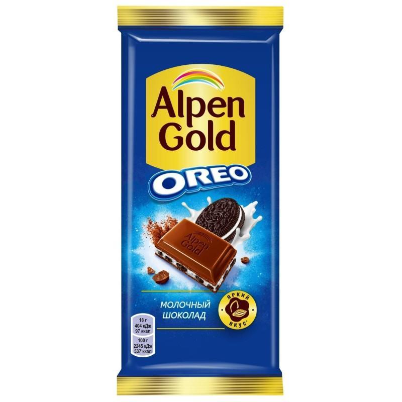 Шоколад Alpen Gold Oreo молочный с ванильной начинкой и кусочками печенья 85 гр., флоу-пак