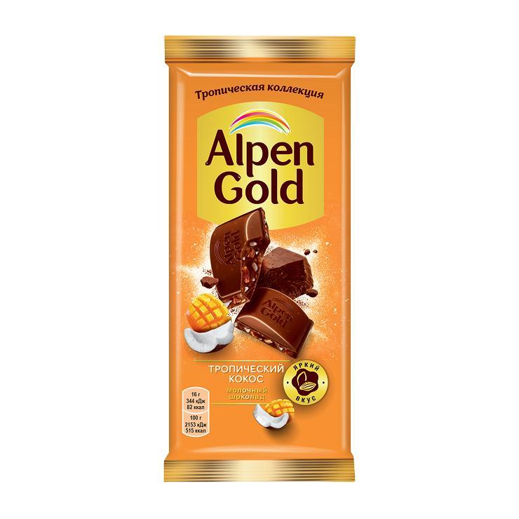 Шоколад Alpen Gold молочный тропический кокос с фруктовыми кусочками 80 гр., флоу-пак