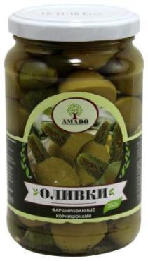 Оливки зеленые с корнишоном, Армения, Amado, 350 гр., стекло
