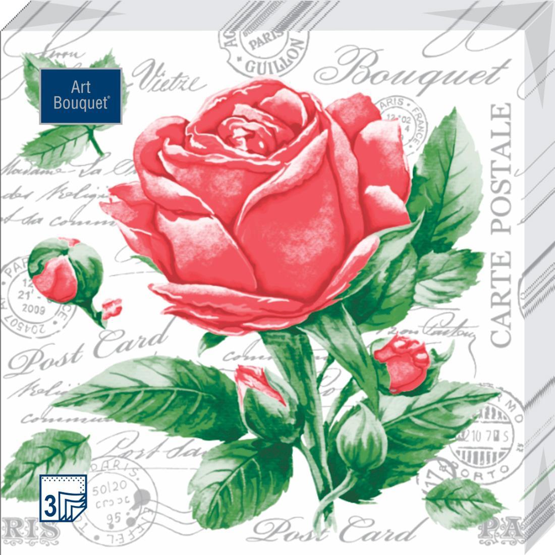 Салфетки бумажные Bouquet Роза New 3 слоя 33х33 см. 20 шт., пленка