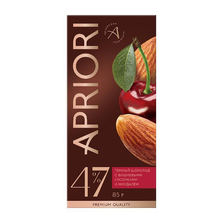 Шоколад Apriori темный 47% какао вишня миндаль 85 гр., картон