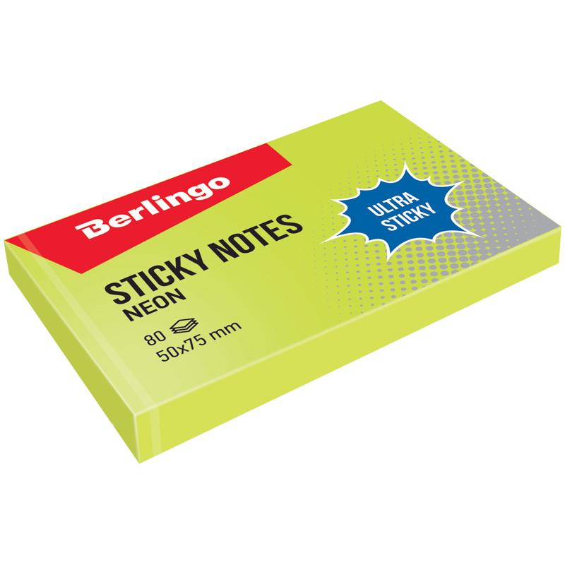 Самоклеящийся блок Berlingo Ultra Sticky, 50*75мм, 80л, зеленый неон