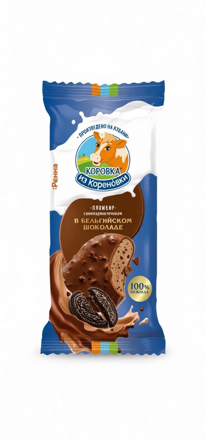 Мороженое эскимо пломбир Коровка из Кореновки с печеньем брауни в Бельгийском шоколаде 70 гр., картон