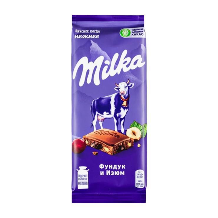 Шоколад Milka молочный фундук и изюм 80 гр., флоу-пак