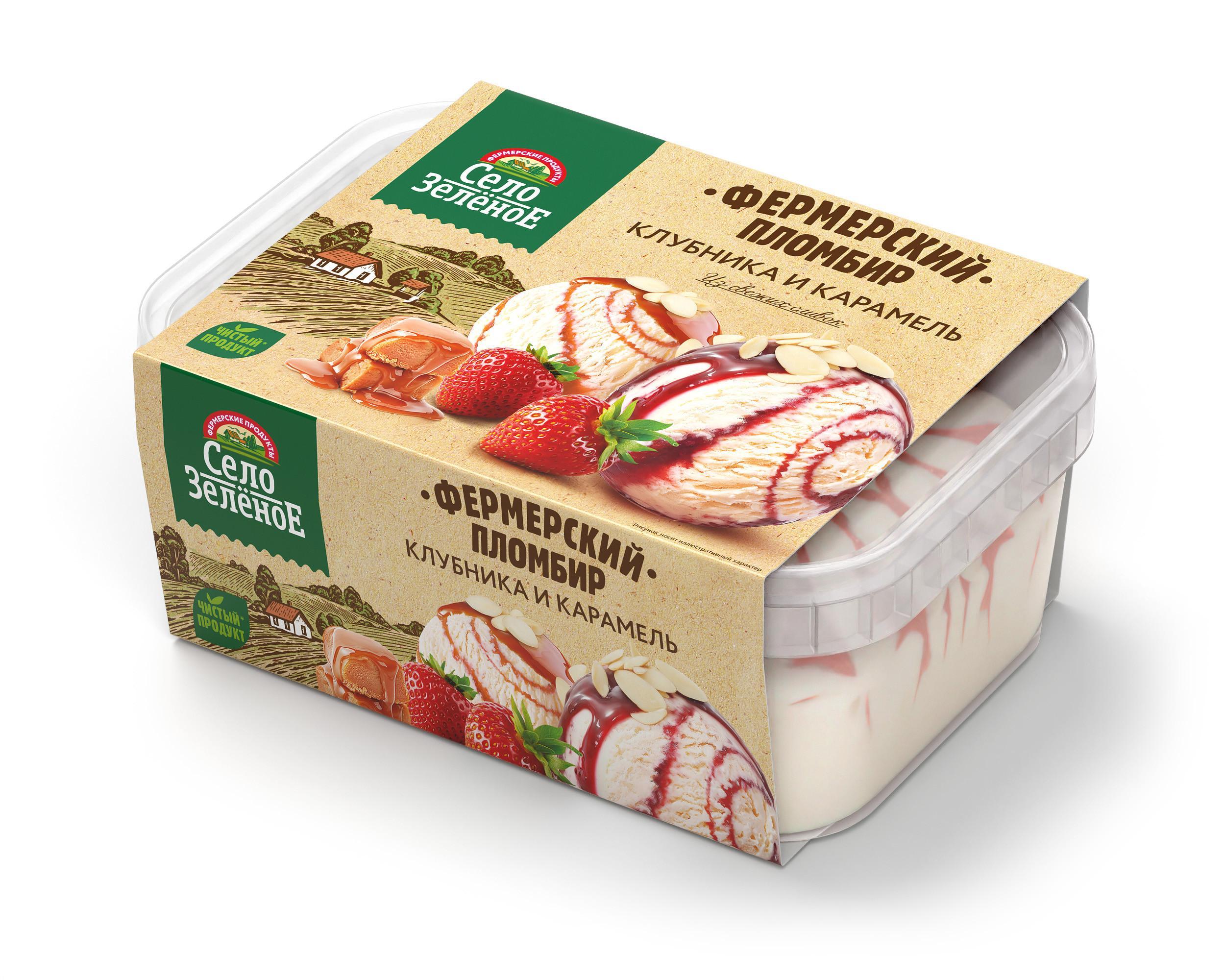 Мороженое пломбир Село Зелёное ваниль-клубника карам сироп-миндаль 450 гр., ПЭТ