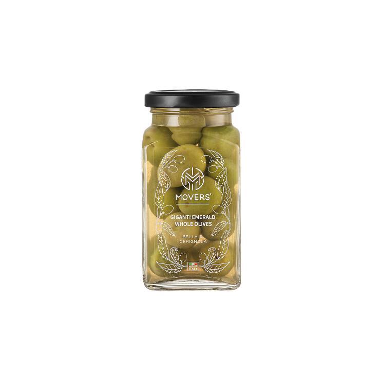 Оливки Movers bella di cerignola гигант изумрудные с косточкой 312 мл., стекло