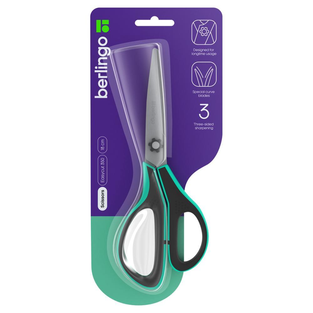 Ножницы Berlingo Easycut 350 18 см бирюзовые эргономичные ручки мягкие вставки, блистер