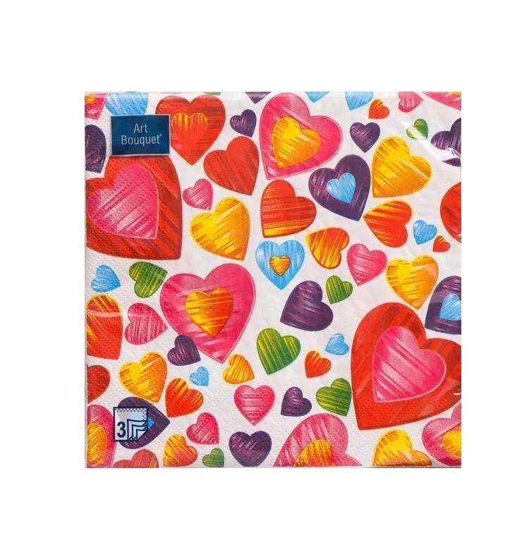 Салфетки 330х330 мм 3-сл. Bouquet, диз. Калейдоскоп сердец, разноцв., бум., 20 шт/упак 12 упак/кор Россия 37422