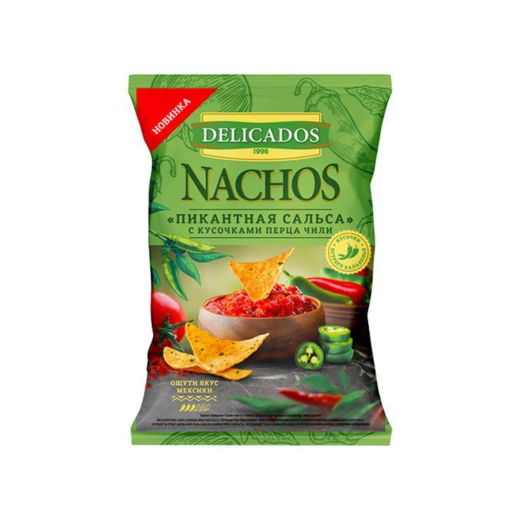 Чипсы Delicados Nachos пикантная сальса с кусочками чили кукурузные 150 гр., флоу-пак