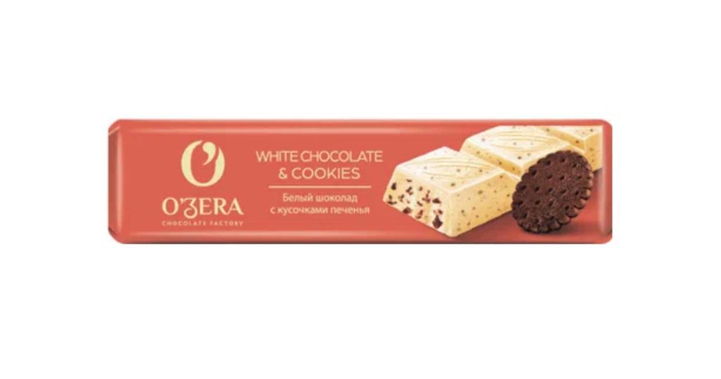 Батончик шоколадный O'Zera White Chocolate & Cookies белый с кусочками печенья 45 гр., обертка