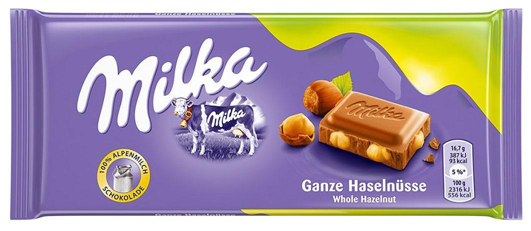 Шоколад Milka молочный с цельным фундуком 100 гр., флоу-пак