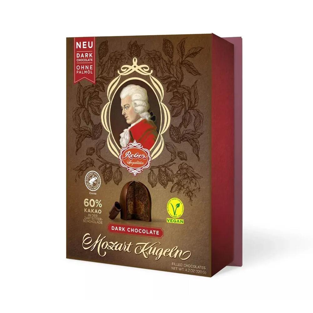 Шоколадные конфеты Reber из горького шоколада mozart kugeln с начинкой из орехового пралине и марципана 120 гр., картон
