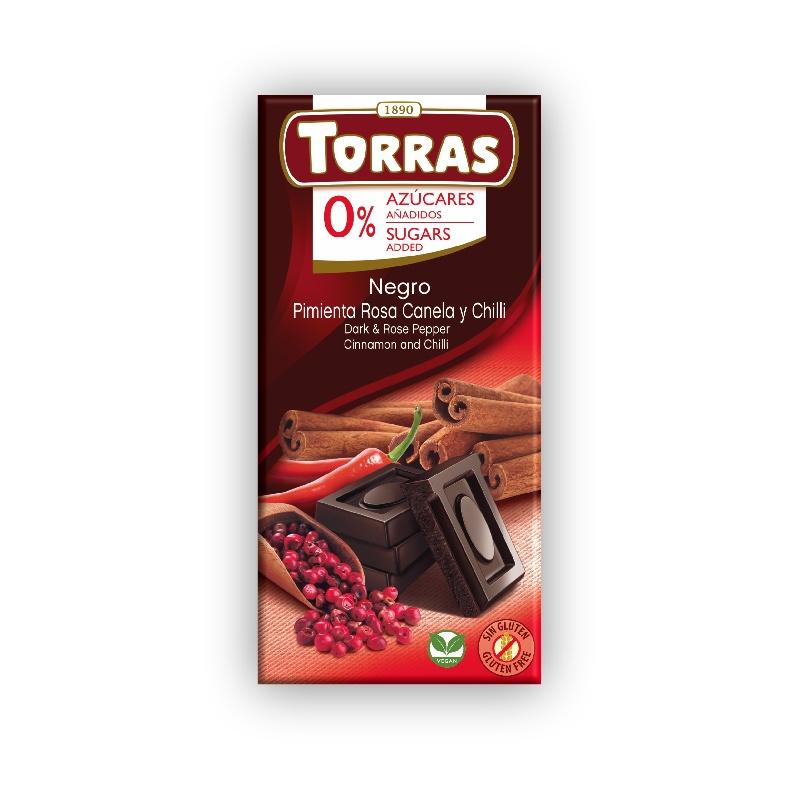 Шоколад TORRAS Classic line темный с кусочками ягод розового перца корицей и перцем чили без сахара 75 гр., обертка