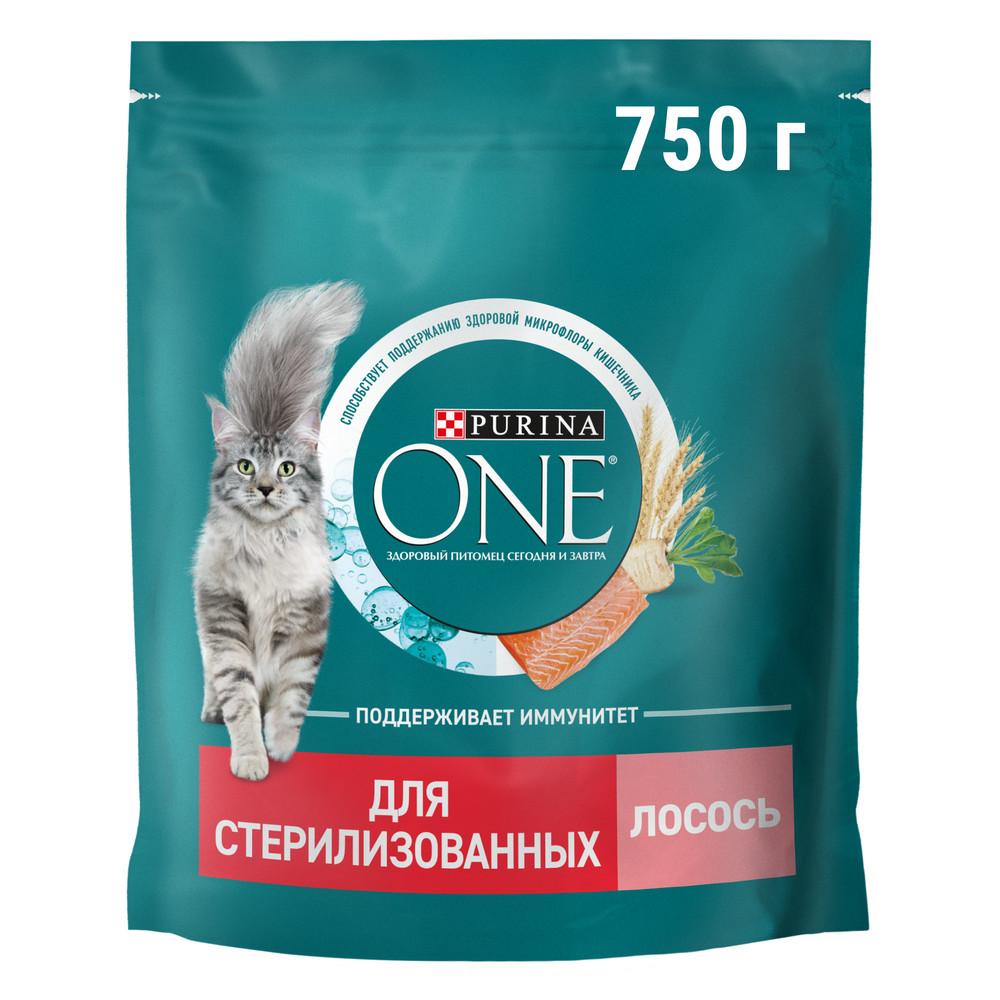 Корм для стерилизованных кошек и котов сухой Purina ONE с лососем и пшеницей 750 гр., дой-пак