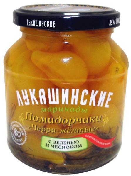 Помидорчики Лукашинские черри-желтые маринованные с чесноком и зеленью, 340 гр., стекло
