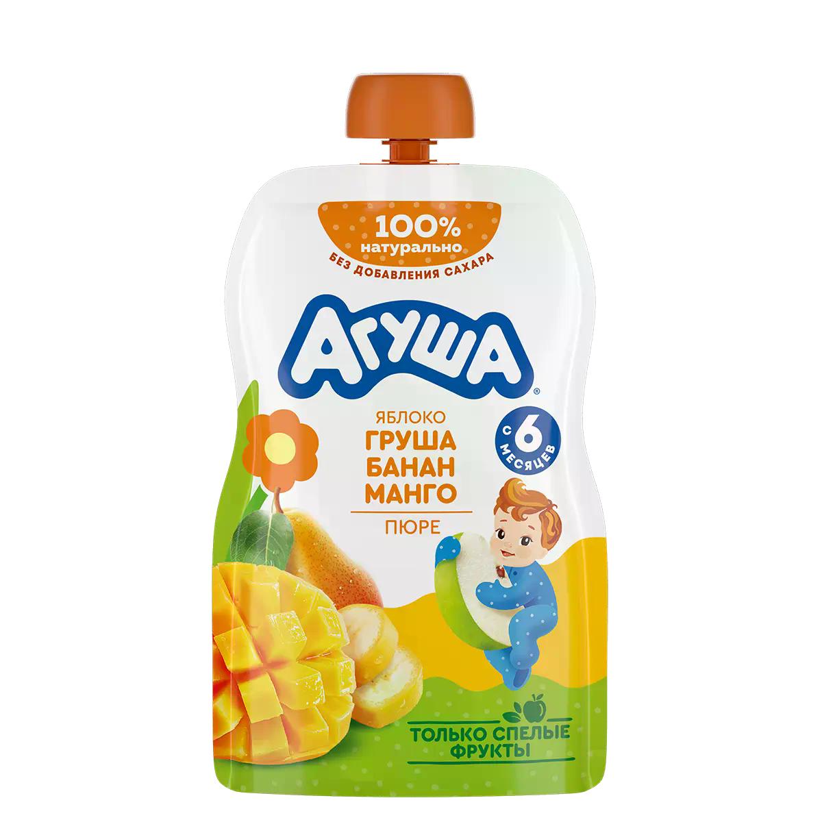 Фруктовое пюре Агуша Яблоко-груша-банан-манго для питания детей с 6 месяцев, 90 гр., флоу-пак