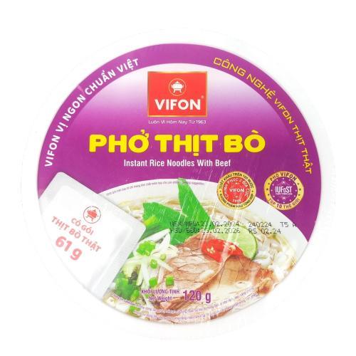 Лапша быстрого приготовления рисовая Vifon Pho Thit Bo с кусочками говядины в чашке с вилкой 120 гр., картон