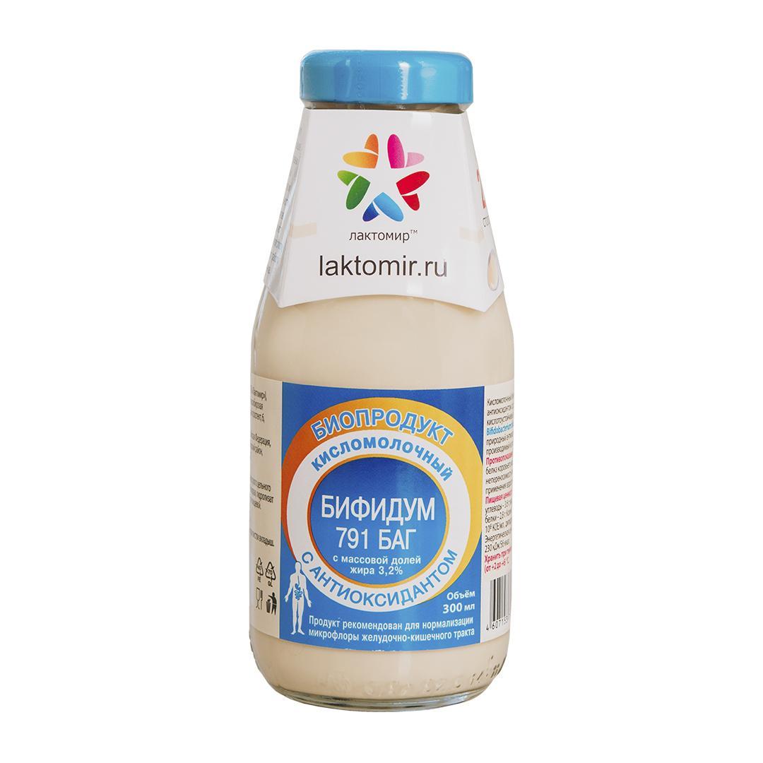 Биопродукт Лактомир Бифидум 791 БАГ с антиоксидантом 3.2% 300 мл., стекло
